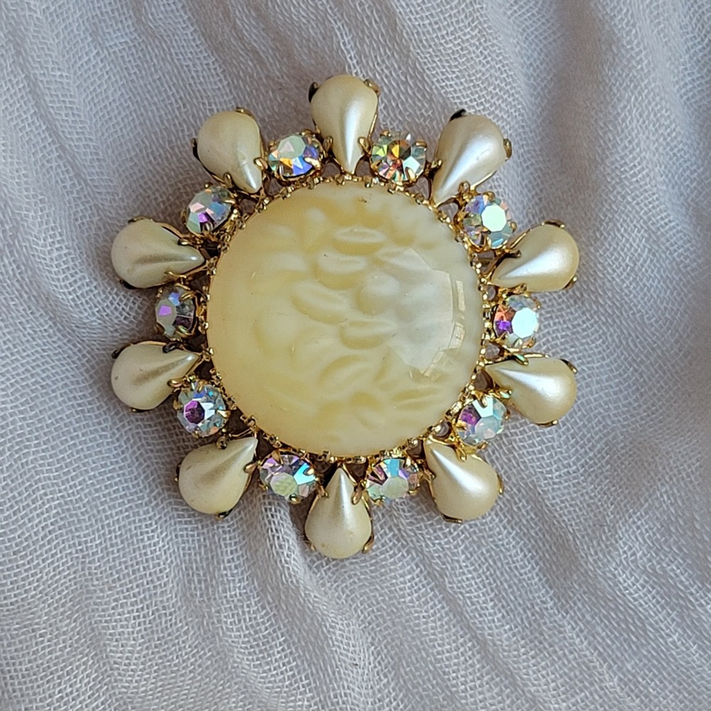 Vintage 1960s Brooch Molded Satin Glass Sunflower AB Crystals Mid Century Glam